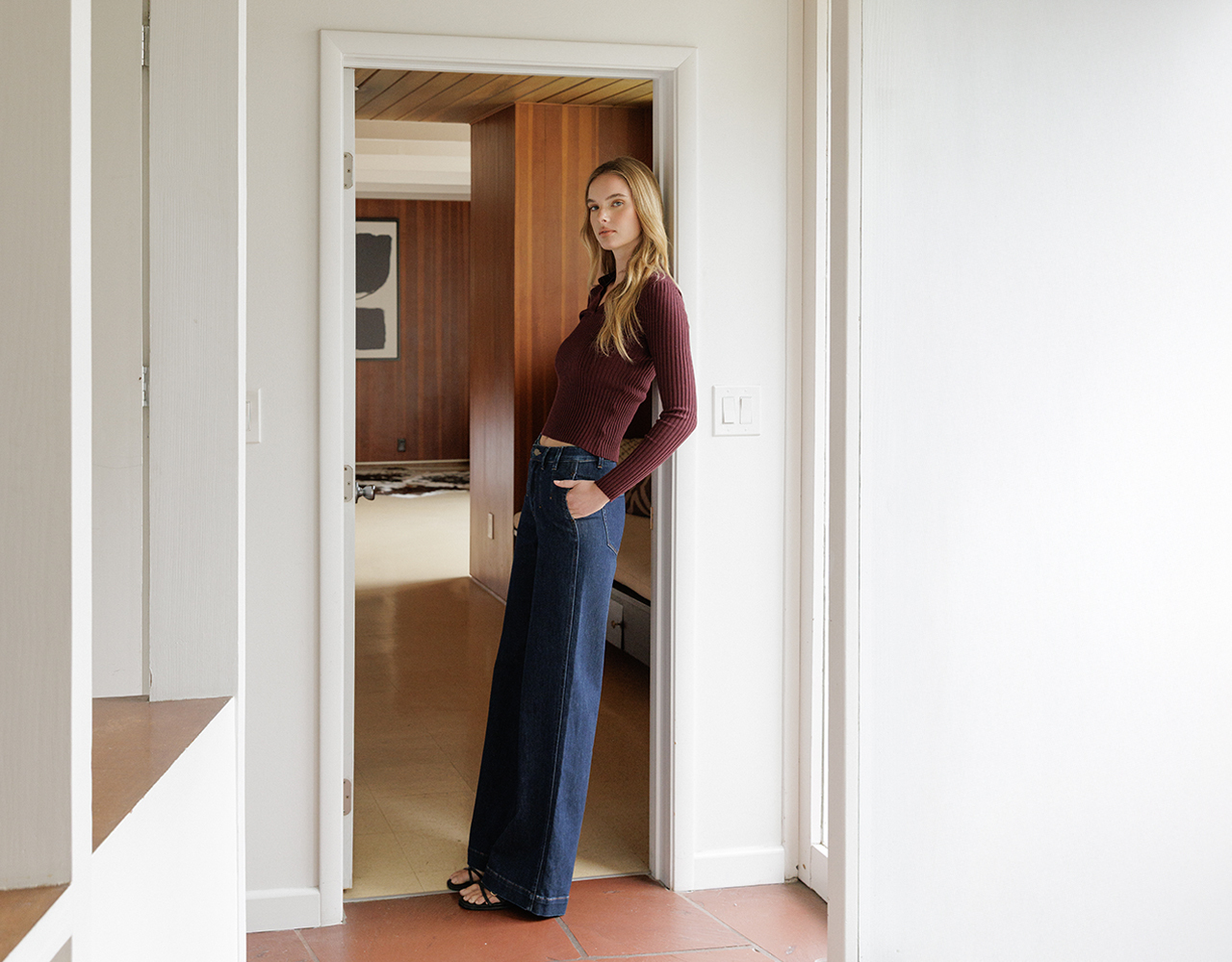 Model in High Rise Dart Detail Wide Leg Jeans and Long Sleeves Knit top, linking to Flying Monkey fresh arrivals collection.